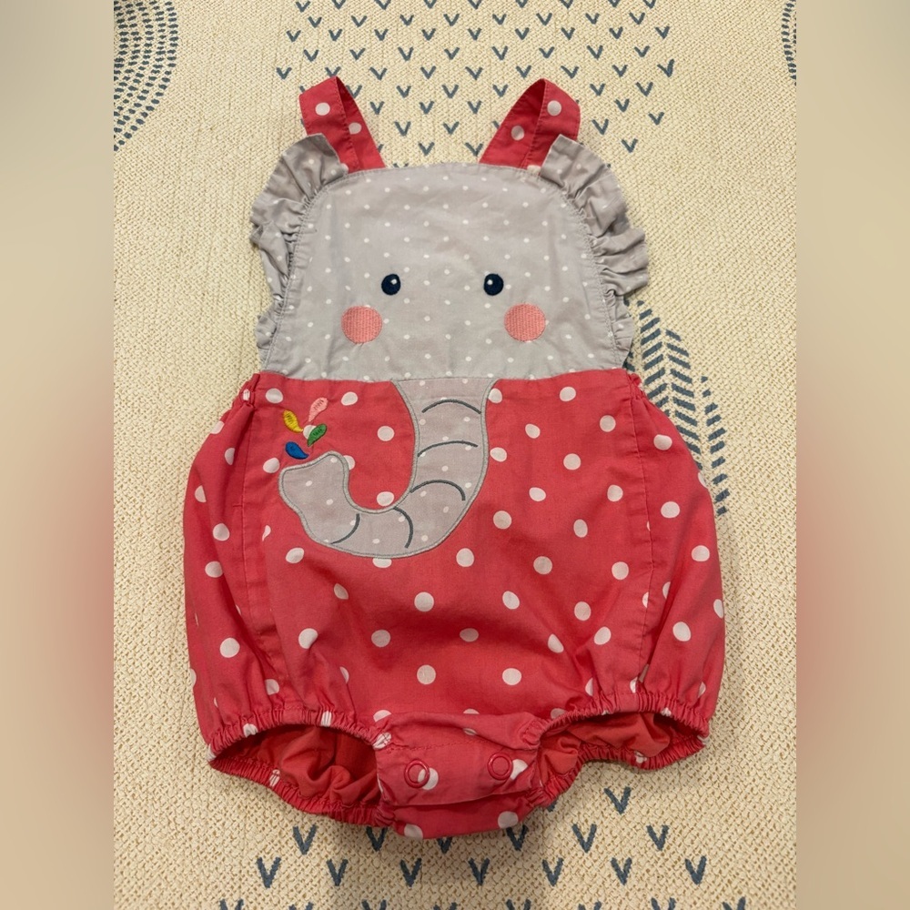 Baby Boden Pink and Gray Polka Dot Elephant Romper